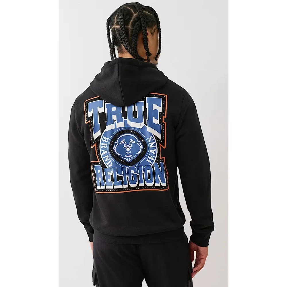 True Religion‎ Studded Retro Logo Zip Black Hoodie Size Large Exclusive
